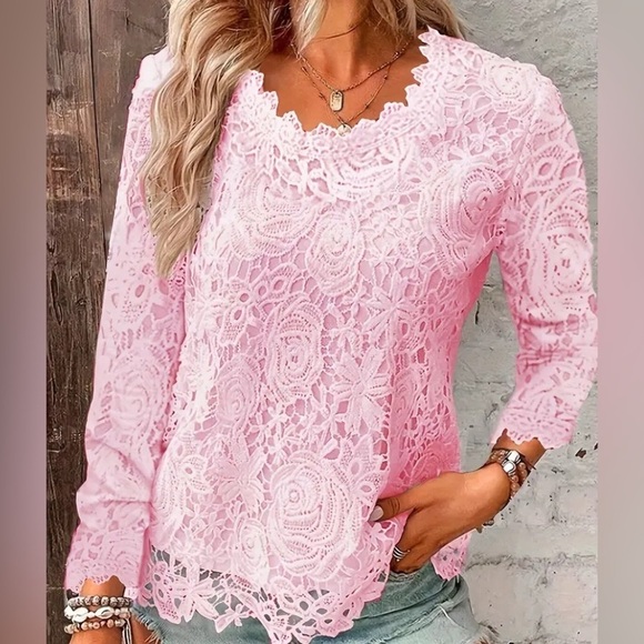 Source Unknown Tops - NEW-Cutout Floral Lace Crew Neck Blouse, Elegant Long Sleeve Blouse Spring-Fall